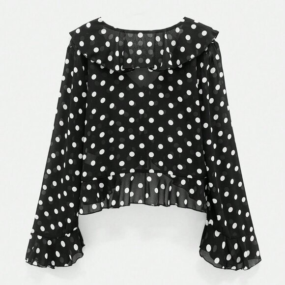 Black Women's Polka Dot Print Design Front Bow Tie Ruffle details blouse - Picture 8 of 11